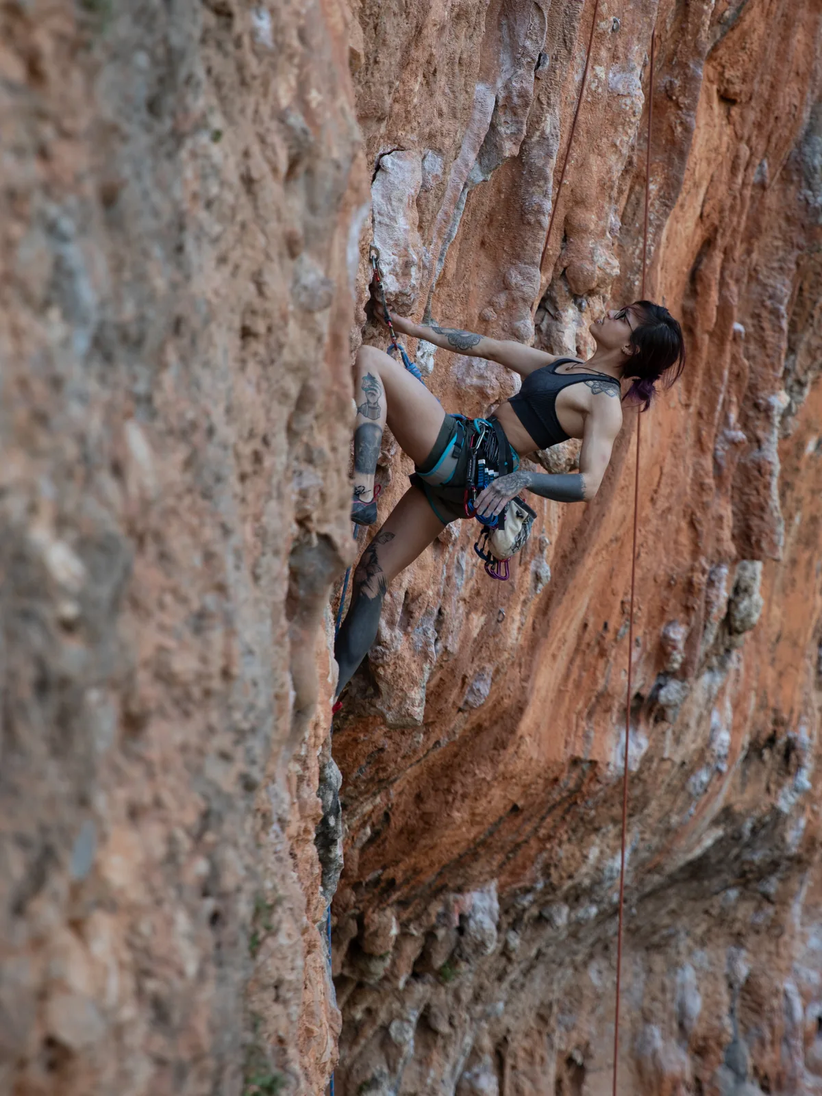 Kim climbing a limestone route